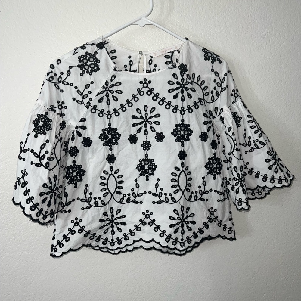 Zara white and black embroidered top